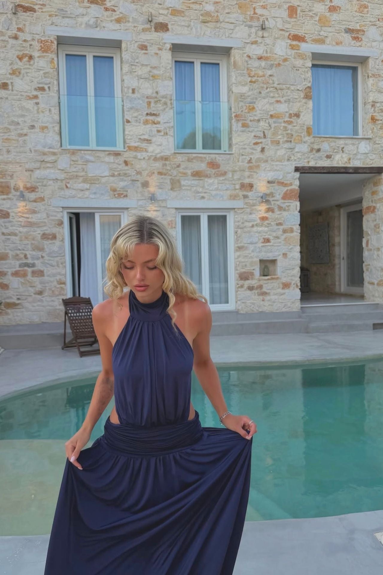 Natali Blue Draped Backless Maxi Dress