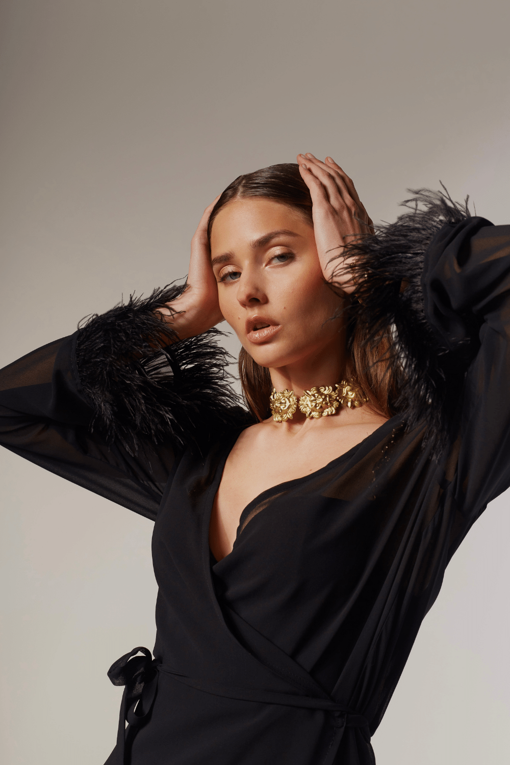 Oriana Muslin Wrap Dress with Feathers