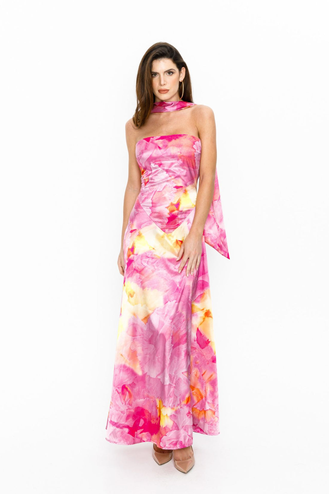 Belle Maxi Satin dress floral pink