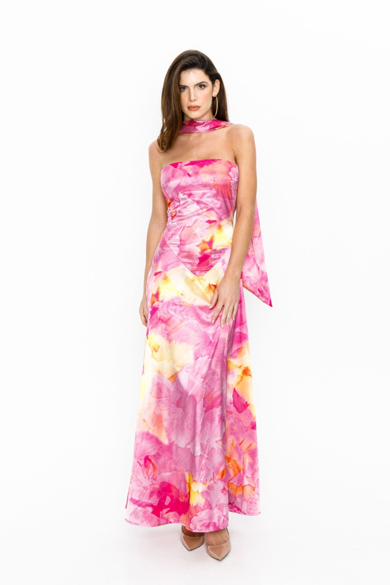 Belle Maxi Satin dress floral pink