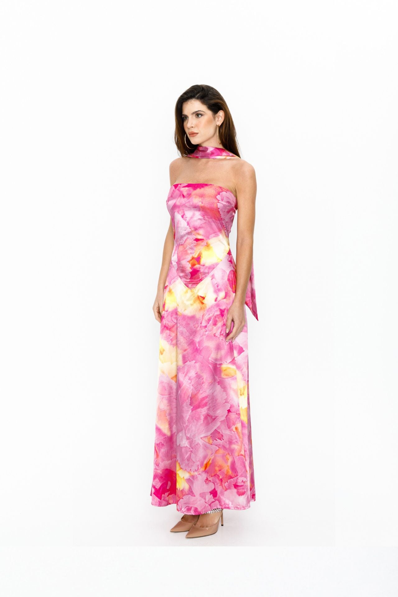 Belle Maxi Satin dress floral pink
