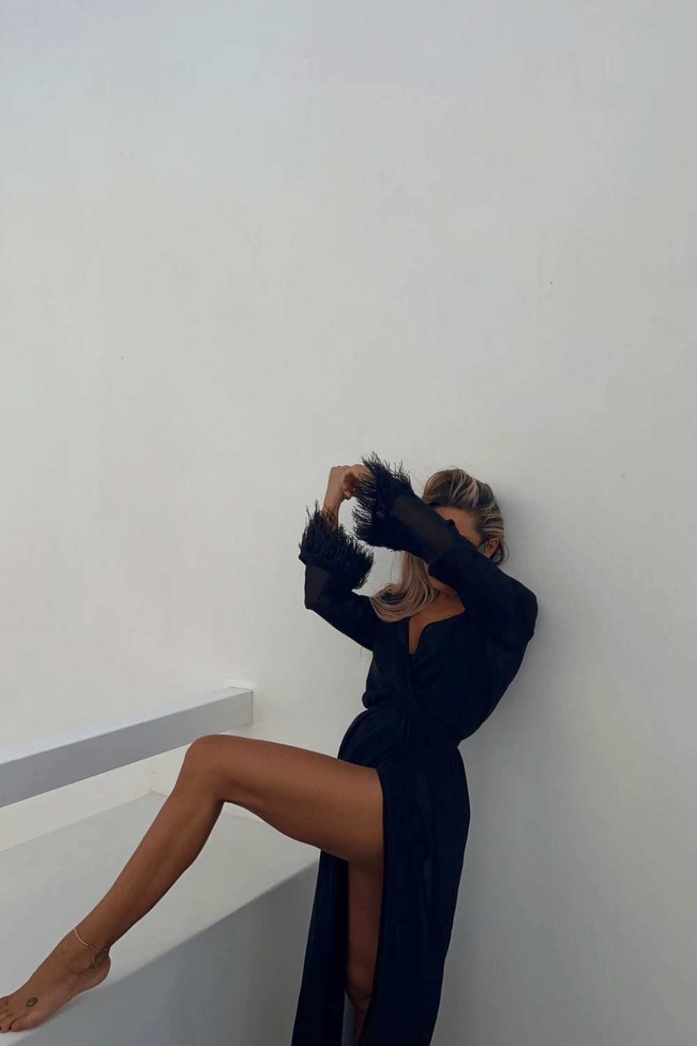 Oriana Muslin Wrap Dress with Feathers