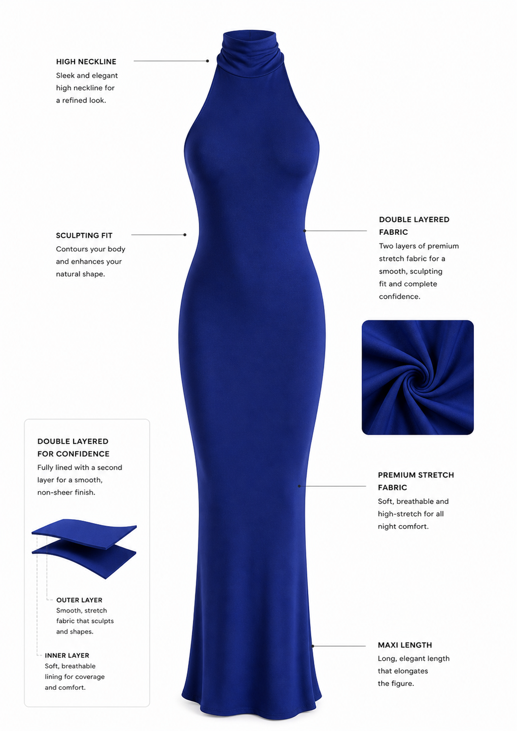 Kylie Royal Blue High Neck Maxi Dress
