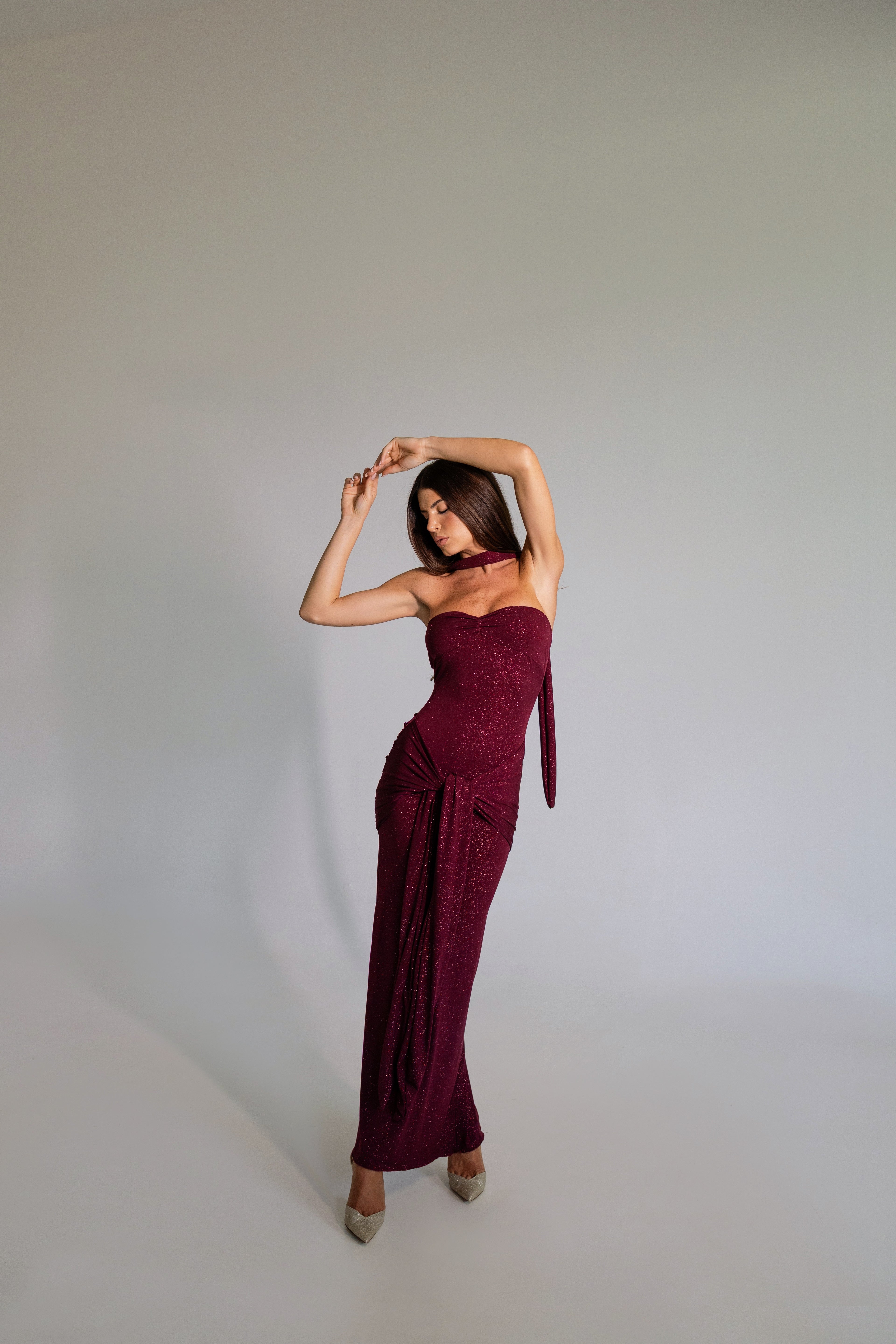 Mariella Burgundy Glitter Draped Tie Dress