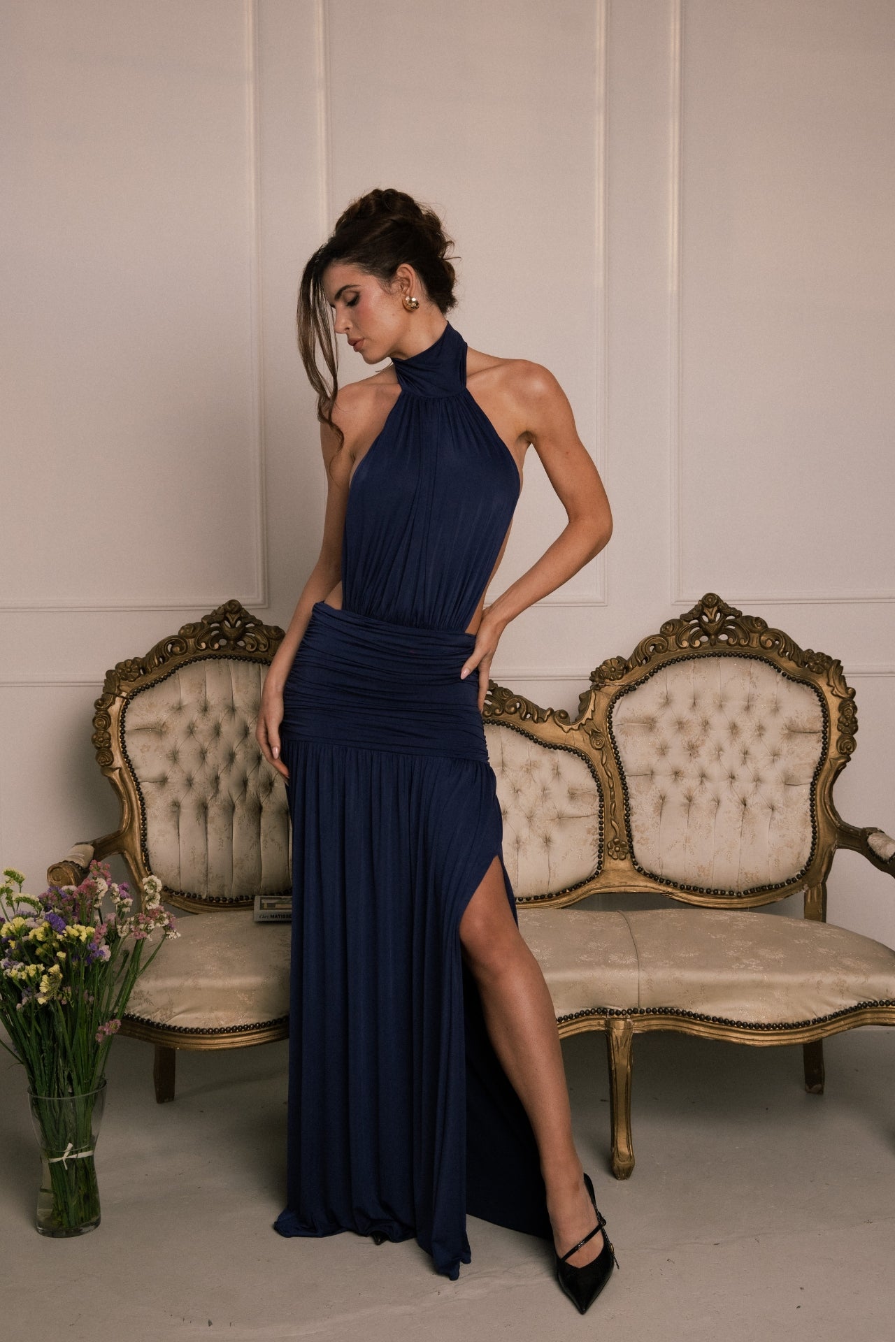 Natali Blue Draped Backless Maxi Dress