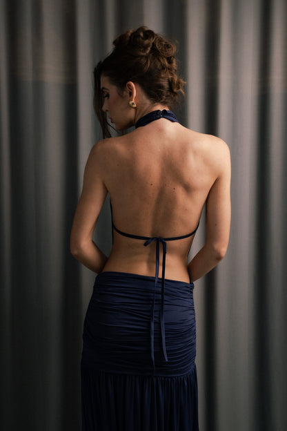 Natali Blue Draped Backless Maxi Dress