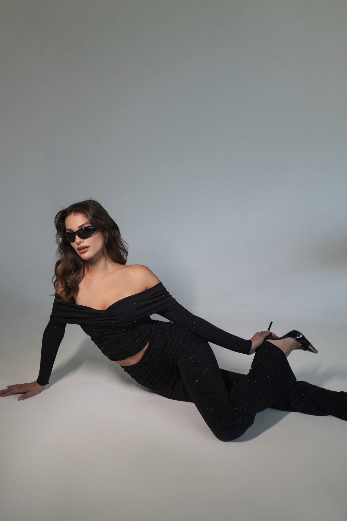 Irina Off-Shoulder Ruched Top - Glitter Black