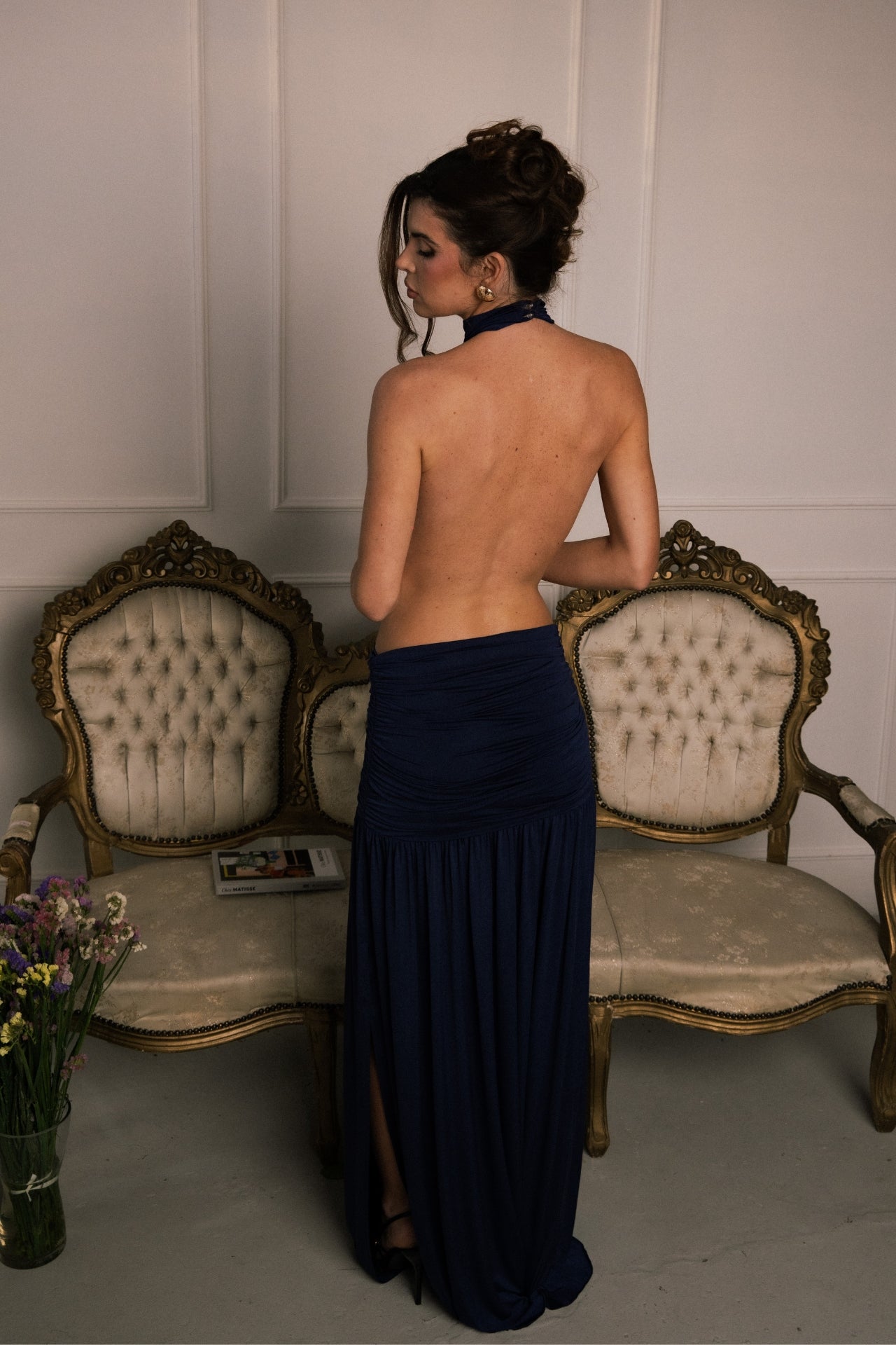 Natali Blue Draped Backless Maxi Dress