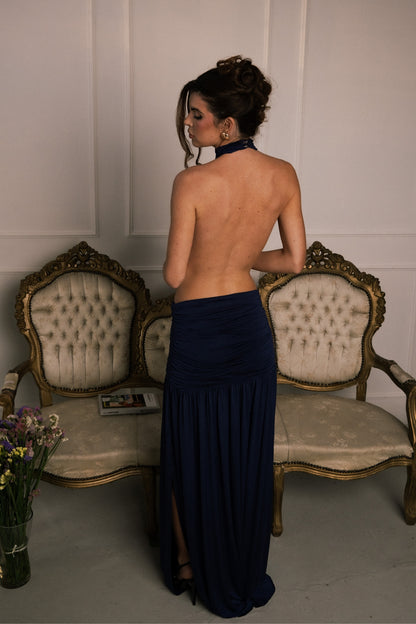 Natali Blue Draped Backless Maxi Dress