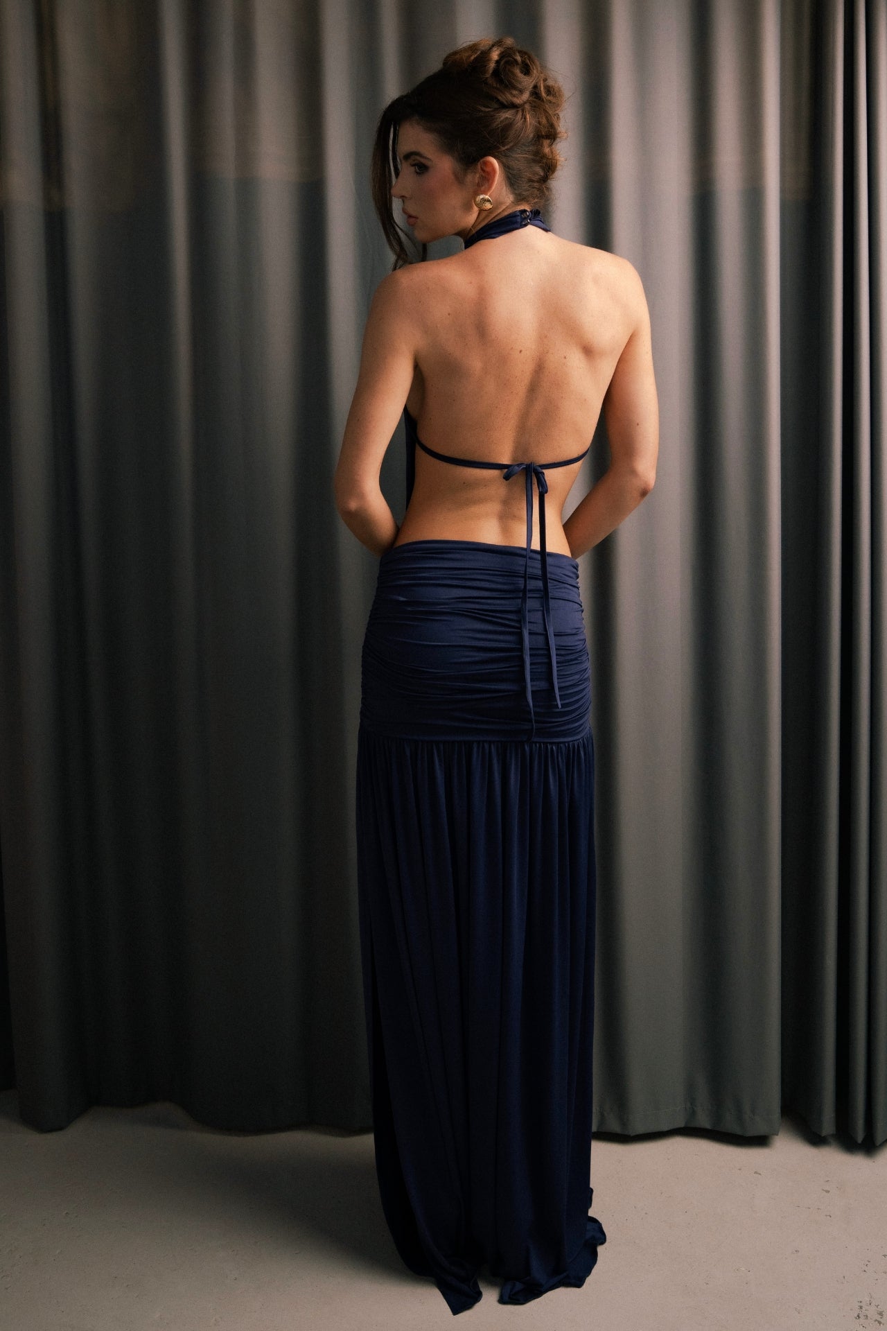 Natali Blue Draped Backless Maxi Dress