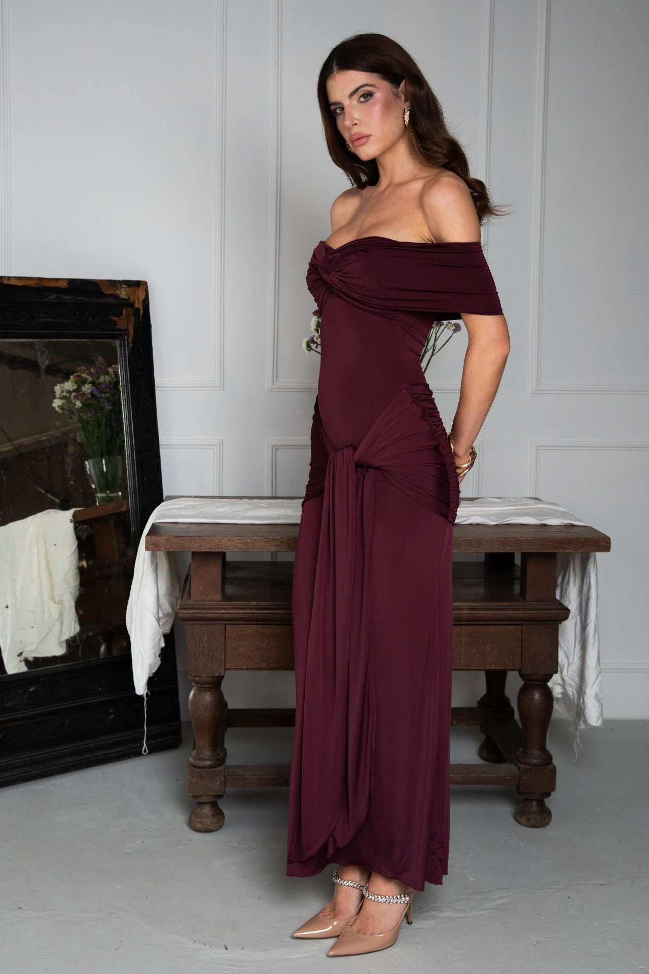 Daphne Burgundy Maxi Draped Tie Dress