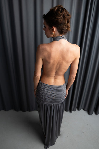 Natali Gray Draped Backless Maxi Dress