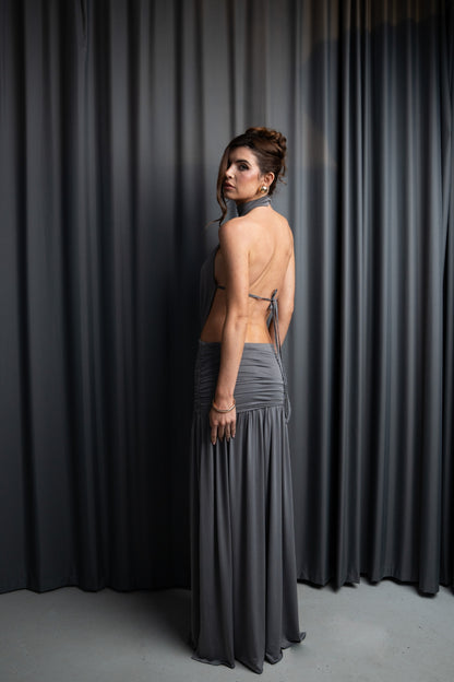 Natali Gray Draped Backless Maxi Dress