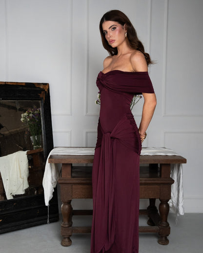 Daphne Burgundy Maxi Draped Tie Dress
