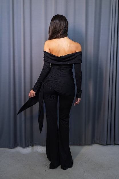 Nina Off-shoulder Glitter Jumpsuit - black