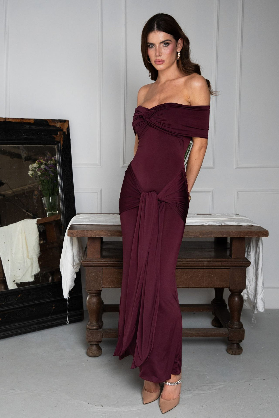 Daphne Burgundy Maxi Draped Tie Dress
