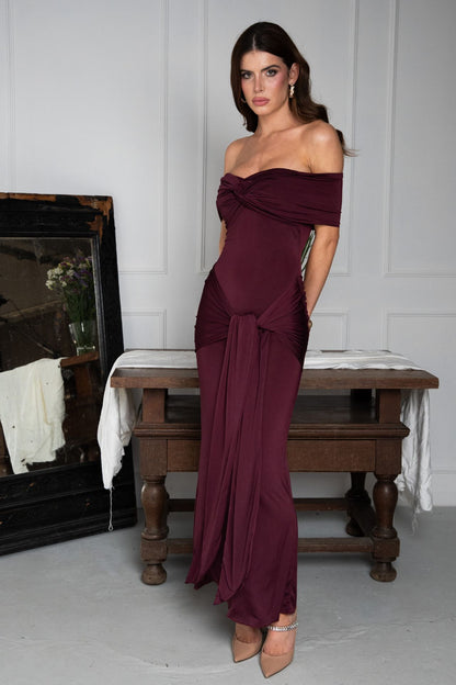 Daphne Burgundy Maxi Draped Tie Dress