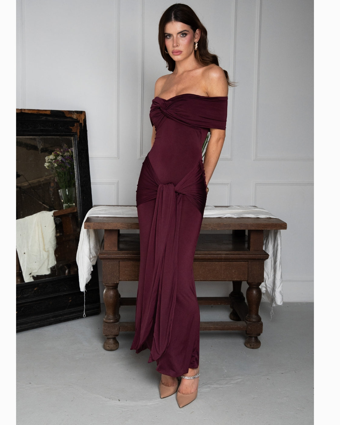 Daphne Burgundy Maxi Draped Tie Dress