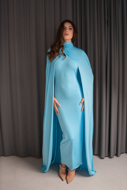 Kylie High Neck Statement Cape Baby Blue