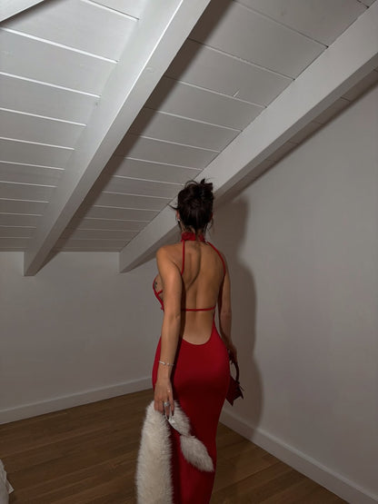 Kylie Red High Neck Maxi Dress
