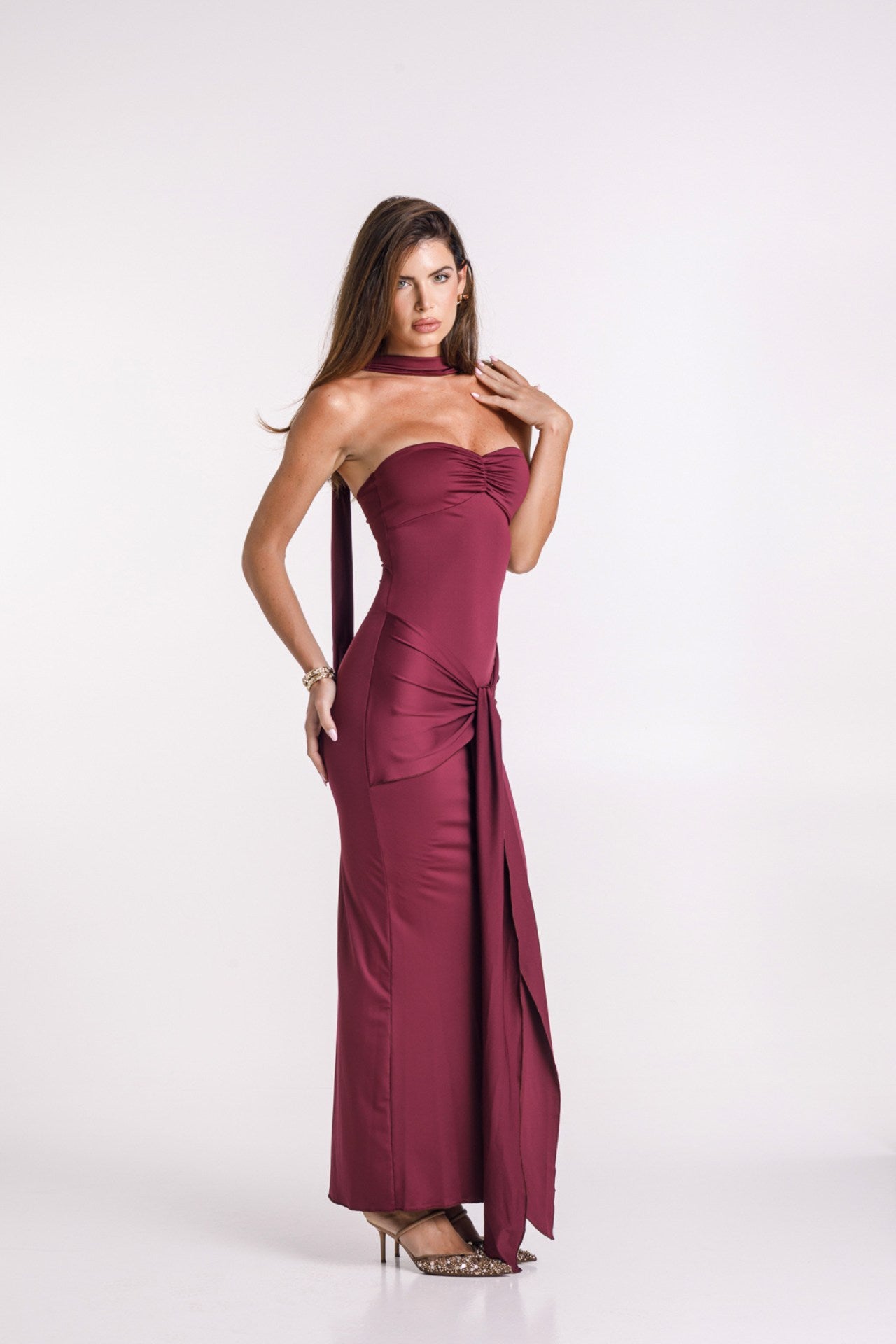 Mariella Burgundy Draped Tie Dress