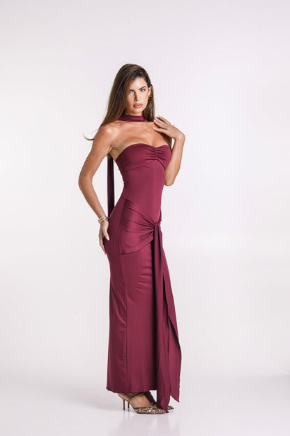 Mariella Burgundy Draped Tie Dress