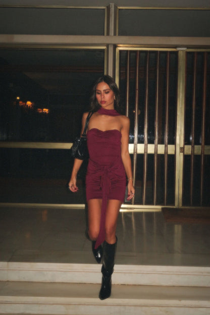 Natty Burgundy Mini Draped Tie Dress