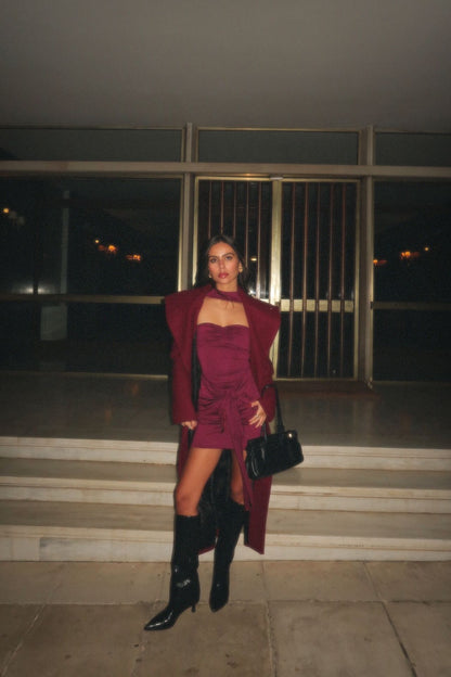 Natty Burgundy Mini Draped Tie Dress