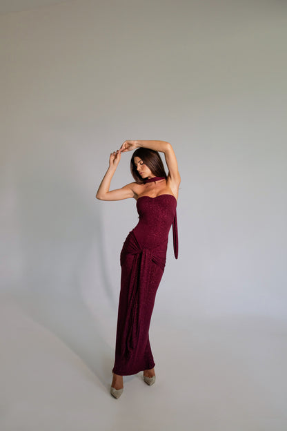 Mariella Burgundy Glitter Draped Tie Dress
