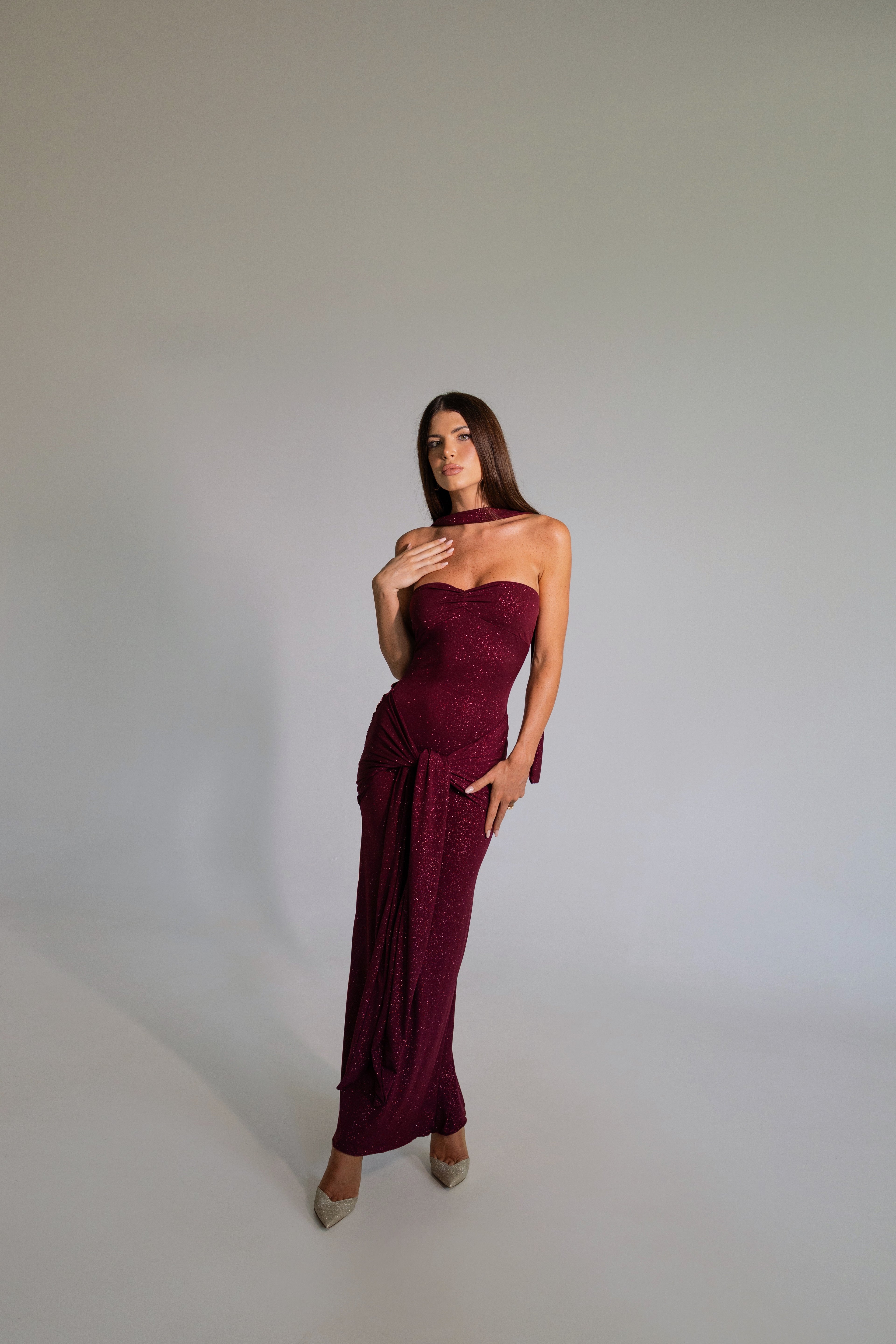Mariella Burgundy Glitter Draped Tie Dress