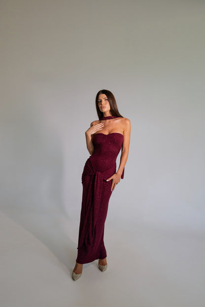 Mariella Burgundy Glitter Draped Tie Dress