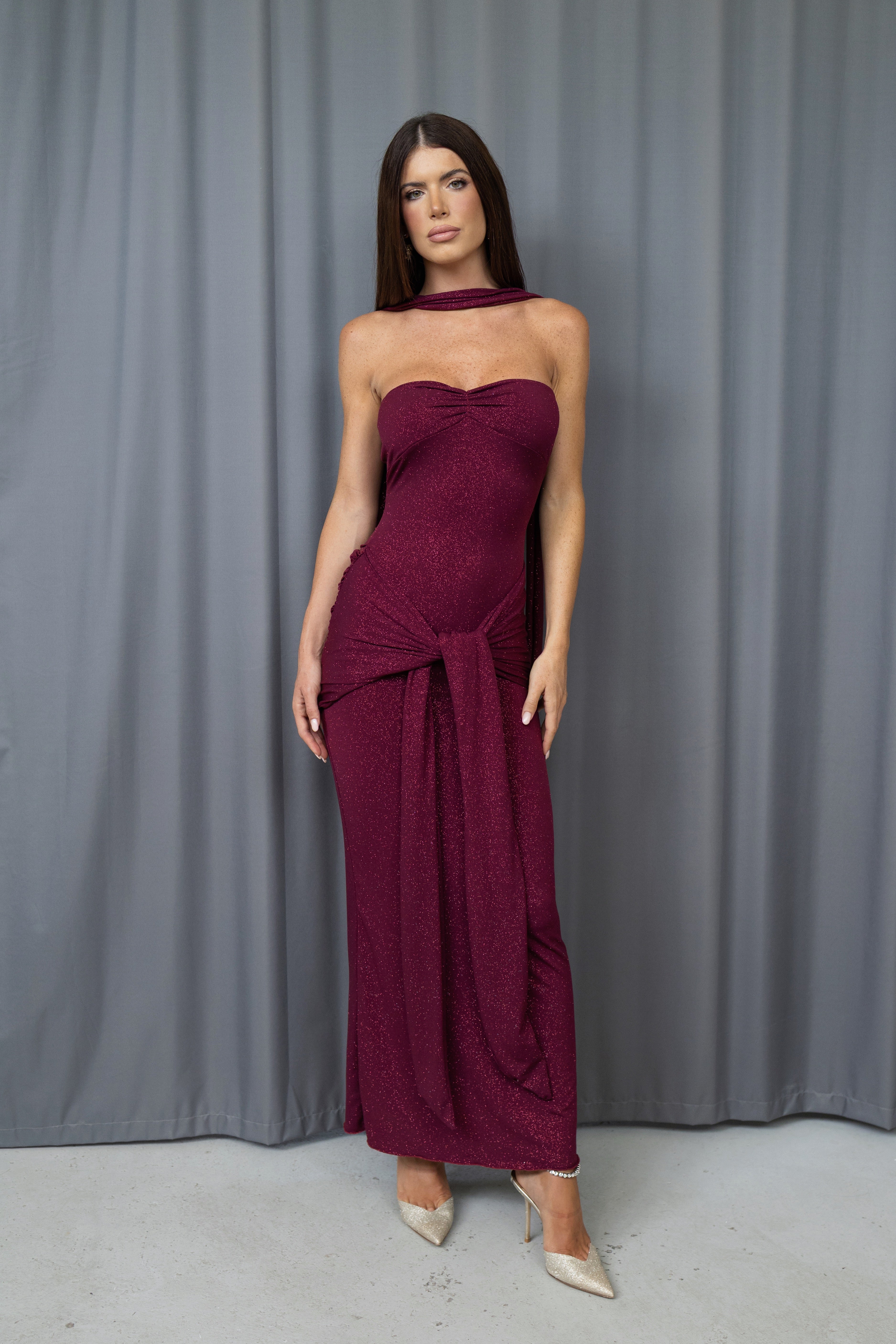 Mariella Burgundy Glitter Draped Tie Dress