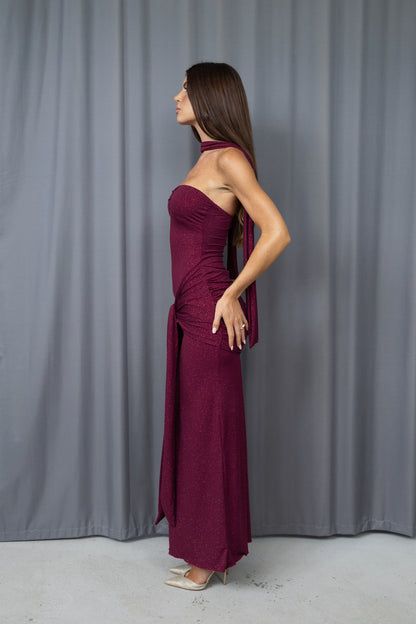 Mariella Burgundy Glitter Draped Tie Dress
