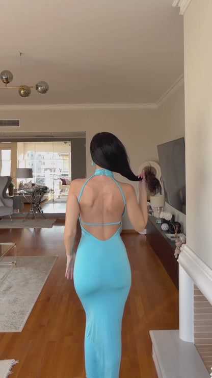 Kylie Baby Blue High Neck Maxi Dress