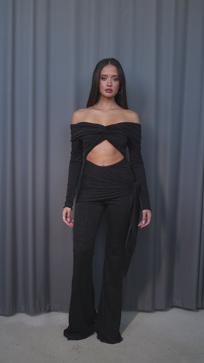 Nina Off-shoulder Glitter Jumpsuit - black
